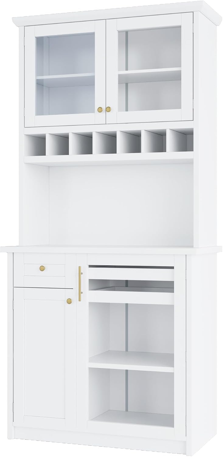 Kitchen Pantry Storage Cabinet with Wine Rack and Adjustable Shelves, Freesta...