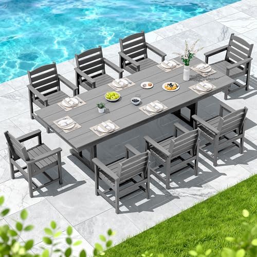 SERWALL 9Pcs 84" HDPE Outdoor Dining Set for 8 with Armchairs,Gray