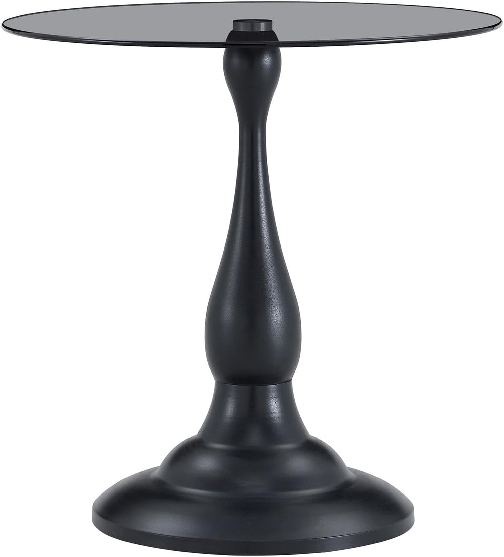Modern Round Side Table, Gray Glass Top End Table with Black Metal Pedestal B...