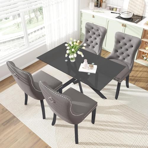 51" 5-Piece Glass Dining Table Set for 4, Grey&Black