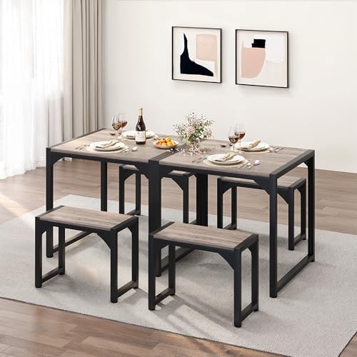 Gizoon Square Dining Table Set for 2, Kitchen Table with 2 Benches Grey