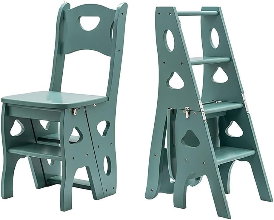4 Step Wooden Folding Library Ladder Chair with Seat, Lightweight Portable La...