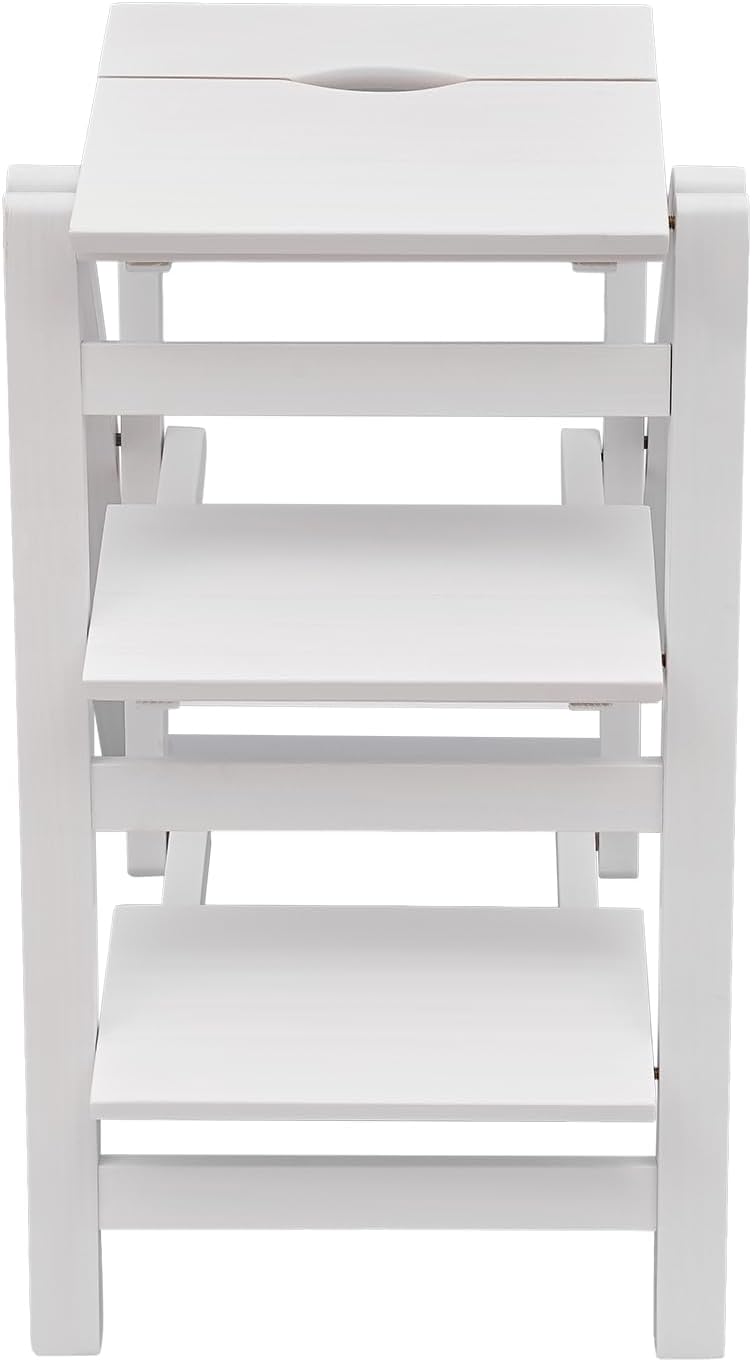 Step Stool for Adults Step Ladder Counter Chair, 3-Step Folding Portable Wooden Step Stool for Library Home Kitchen, 220 lbs White