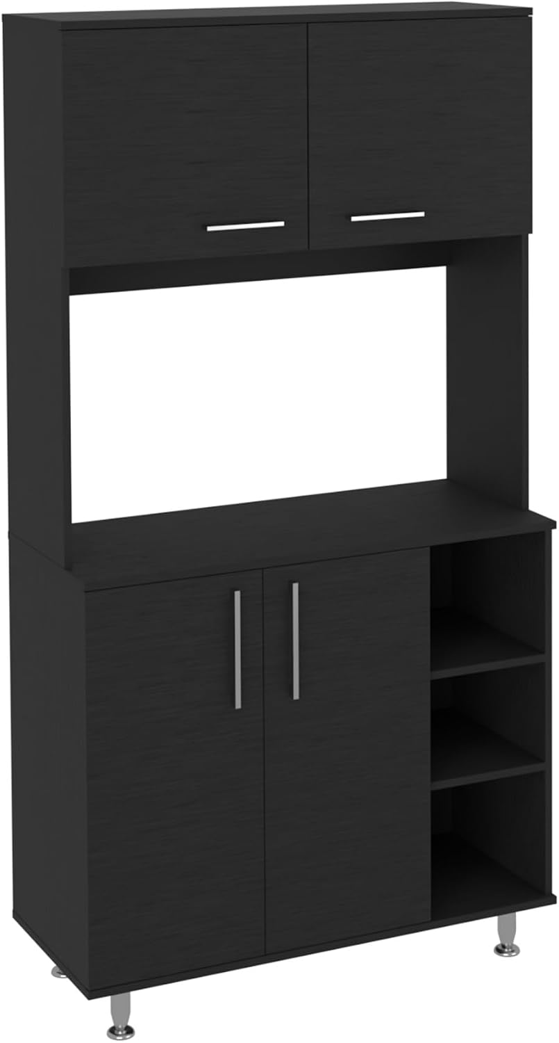 Kitchen Pantry Double Door Cabinet, Four Legs, Three Shelves, Black