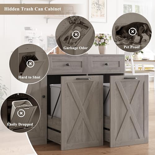 HOSTACK 12.5 Gallon Trash Can Cabinet, 47" W Dual Garbage Can Cabinet, Grey