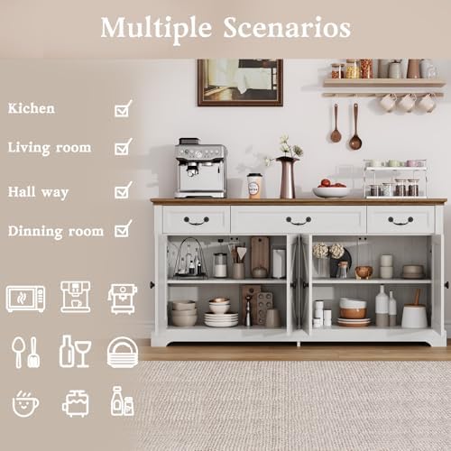 Sunny Heart 65" Large Buffet Storage Cabinet, Farmhouse Kitchen Sideboar...