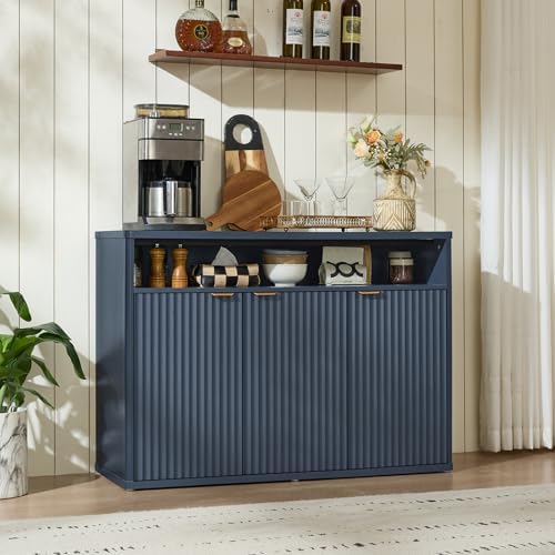 LEYAOYAO 45-Inch Fluted Buffet Cabinet with 3 Doors,Dark Blue