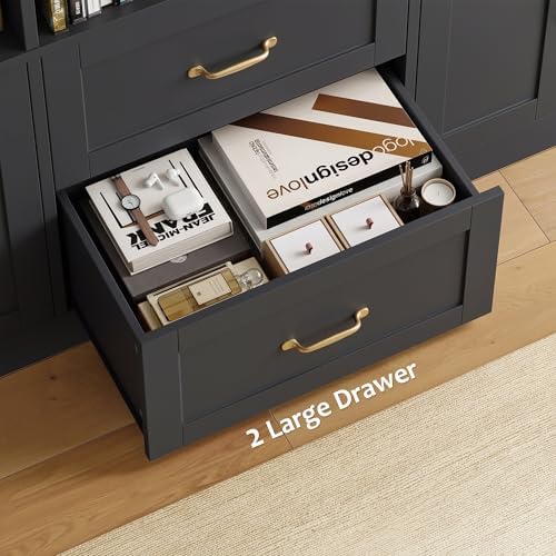 HOSTACK 71" Tall Triple Wide Bookshelf with Storage Drawers & Doors,...
