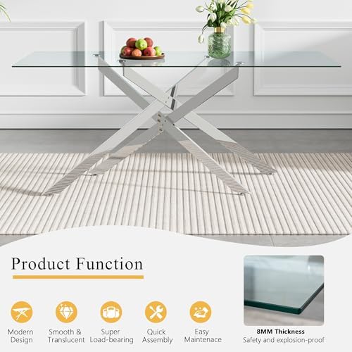 7 Piece Modern Glass Dining Table Set for 6, 60" Rectanguler Glass Kitchen Table and Velvet Tufted Chairs Set of 6, Space-Saving Kitchen Dining Room Table Set 6 for Dinette Breakfast, Silver-Grey