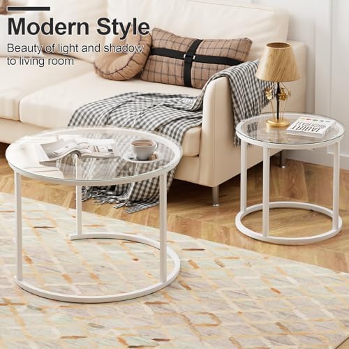 aboxoo White Nesting Glass Table Set of 2, Small Glass Round Nesting Tables f...