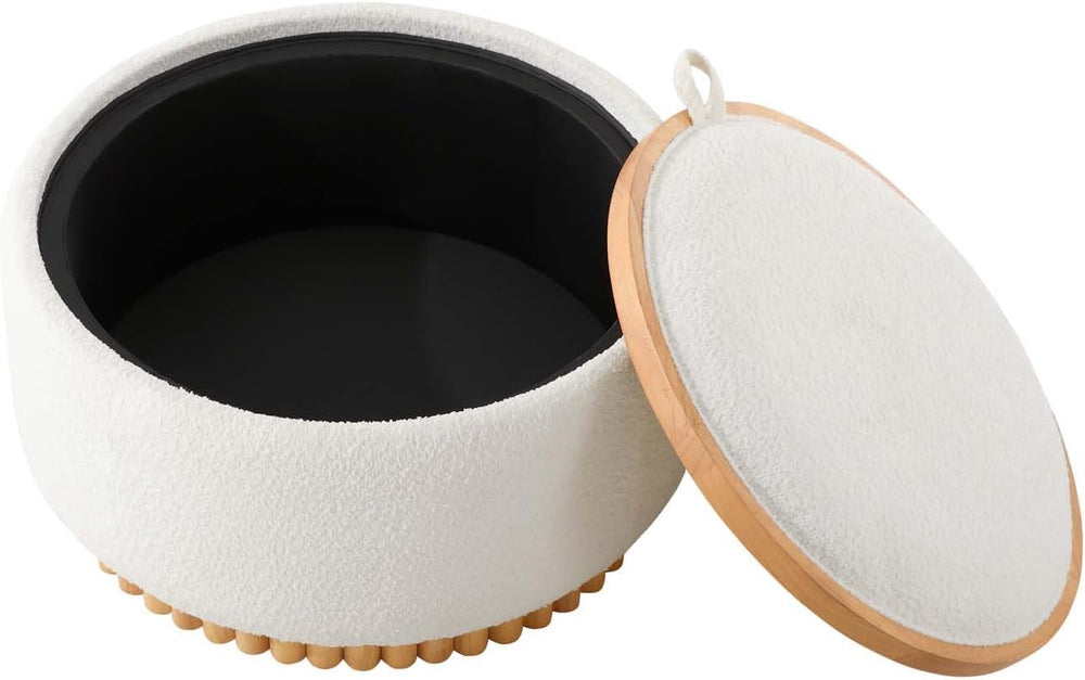 29" Boucle Upholstered Round Storage Ottoman with Solid Wood Legs, Moder...