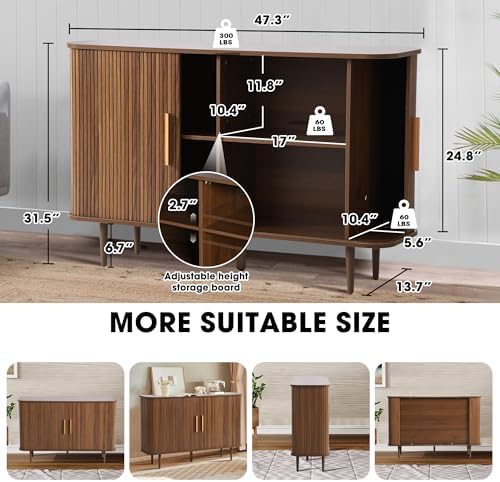 Grepatio 47" Sideboard Buffet Cabinet with Fluted Slide Doors, Tambour S...