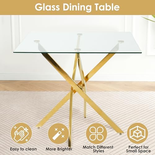 Golden Glass Dining Table Set for 4, 5 Piece Clear Glass Top Dinner Room Set,...