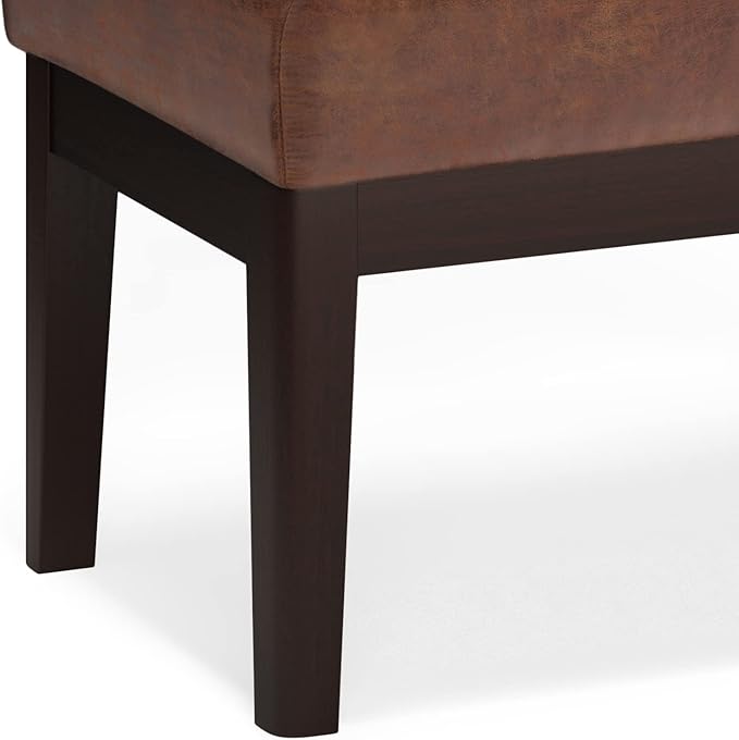 SIMPLIHOME Carlson Ottoman Bench Solid Pine Wood Frame with Faux Leather Upholstery for Living Room, Bedroom, Entryway, 26.4 x 15 x 17.5 inches, Distressed Saddle Brown