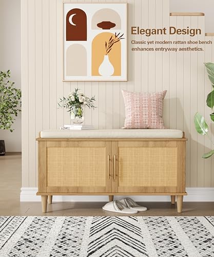 Akxomel 39.4" Rattan Shoe Storage Bench 2 Doors Wooden Entryway Bench Oa...