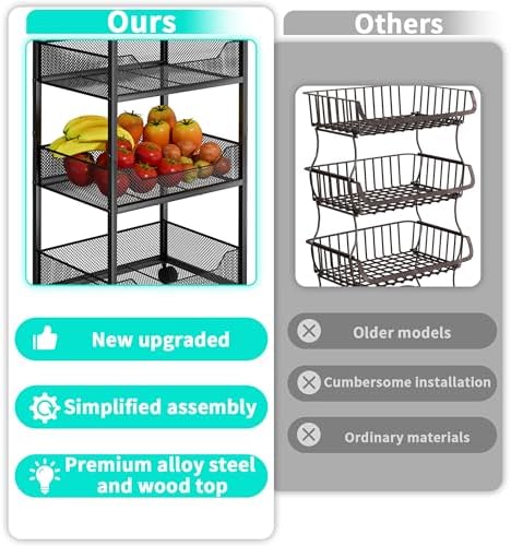 HapiRm Fruit Basket Kitchen Cart - 4-Tier Rolling Storage Cart with Wheels, F...