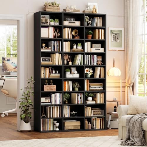 FOTOSOK 75'' H Black Bookshelf with 27 Cubes, Triple Wide Tall Bookcase