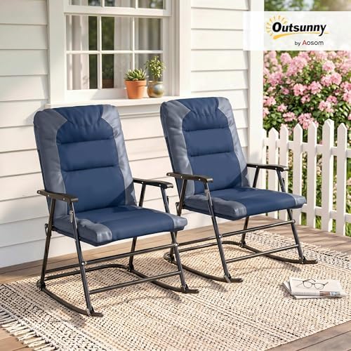 Outsunny Oversized Folding Rocking Camping Chair Set of 2 Padded Navy Blue | ...