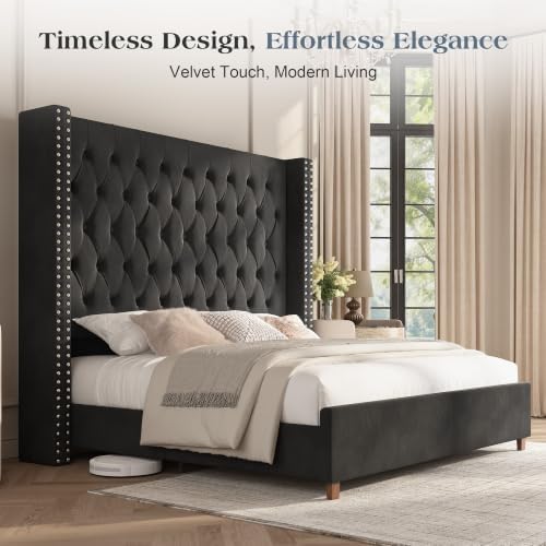 PaPaJet Queen Bed Frame 61.4" Tall Upholstered Wingback Headboard, Black