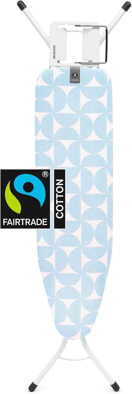 Brabantia Size A Compact Small Ironing Board (43x12 in) 7 Height Options, Adjustable Steam Iron Rest Holder (Fresh Breeze) Non-Slip Feet, Anti-Collapse Child Locks
