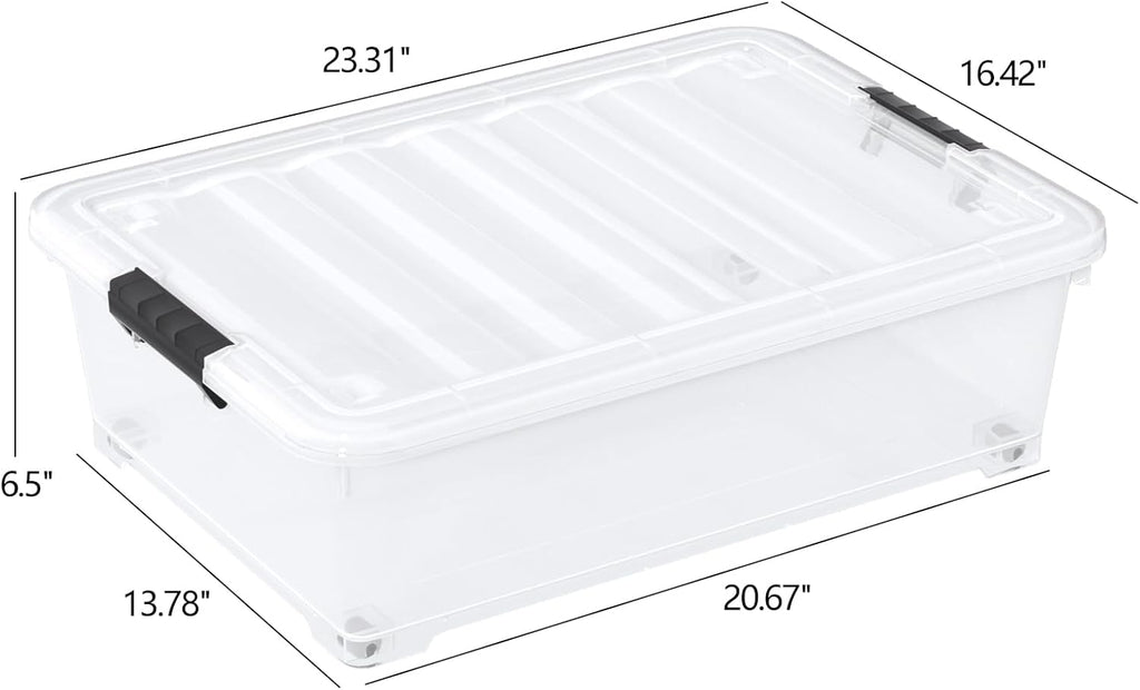 25 Quart Clear Underbed Storage Bins with Wheels, Stackable Plastic Latching Bin with Lid, 4 Packs