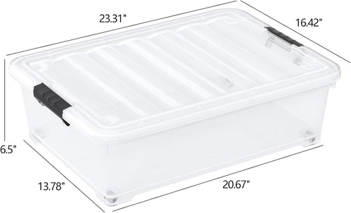 25 Quart Clear Underbed Storage Bins with Wheels, Stackable Plastic Latching Bin with Lid, 4 Packs