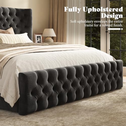 AMERLIFE Upholstered King Bed Frame with Wingback Headboard, Black Velvet