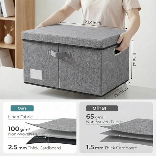 Storage Bins with Lids [3-Pack] Linen Fabric Foldable Storage Boxes Organizer Containers Baskets Cube with Cover for Bedroom Closet Office Grey(23.4X15.9X11.4)