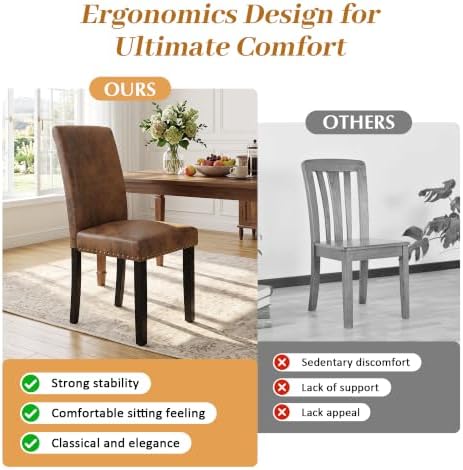 Dining Chairs Set of 4, Vintage Brown Kitchen Chairs with Nailhead Trim | Com...