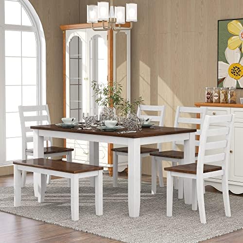LUMISOL 6-Piece Farmhouse Dining Table Set for 6-7, Solid Wood Kitchen Table ...