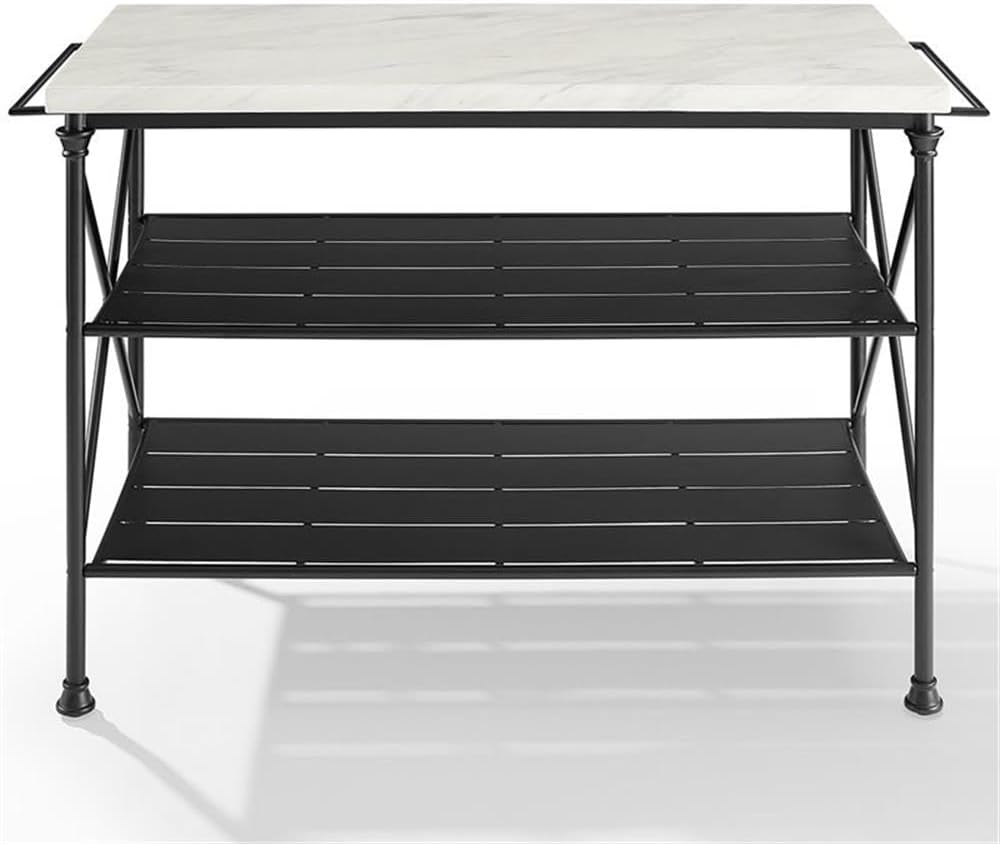 Pemberly Row Kitchen Island, Matte Black Steel Base, White Faux Marble Top, 5...