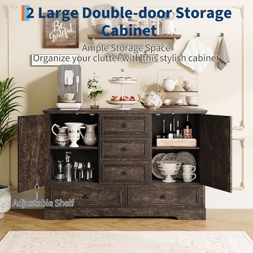GarveeHome 47” Farmhouse Sideboard Buffet Cabinet,5 Drawers,2 Doors,Brown01