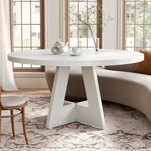 LITTLE TREE Round Dining Table for 4-6 People, 47 Inches White Circle Dinner ...