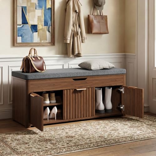 37.4" W Shoe Bench with Storage, Lift Top Entryway Bench, Walnut | 2-Tie...