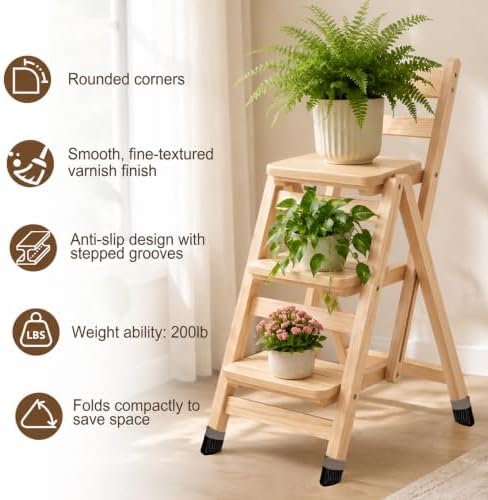 Folding Bar Stool, 3 Step Portable Adults Solid Wood Ladder Stool, Wood