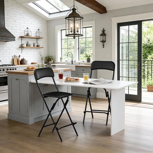 Veni Home Seat High 25" Folding Bar Stool with Backrest Leather Padded o...