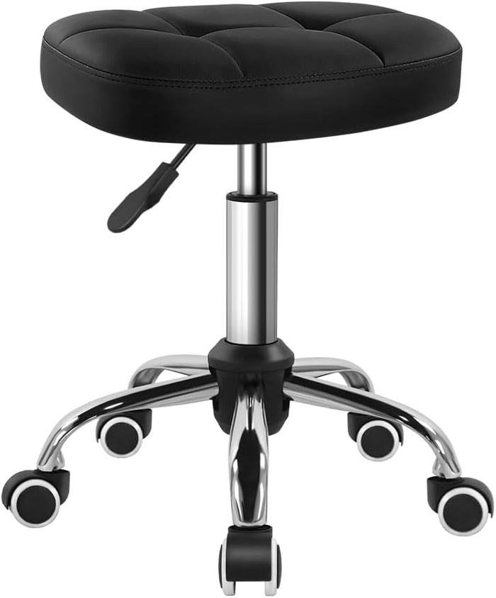 BFTOU Black 6-Square Lattice PU Swivel Stool with Wheel for Work SPA Shop Massage Height-Adjustable Rolling Stool Chair