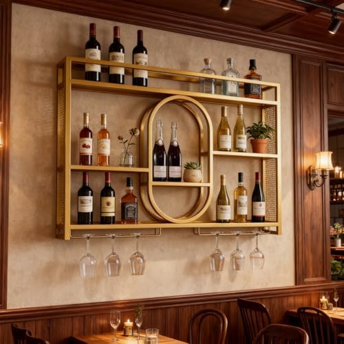 47" Upgrade Metal Wall Mounted Wine Rack, 3 Tier Bar Shelves with Glass ...