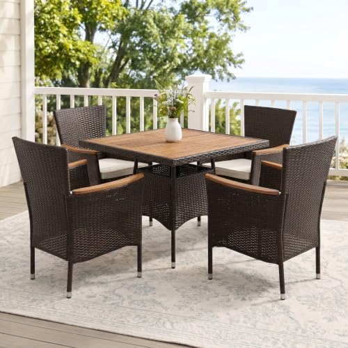 Wisteria Lane Rattan Patio Table and Chairs Set with Acacia Tabletop, Brown