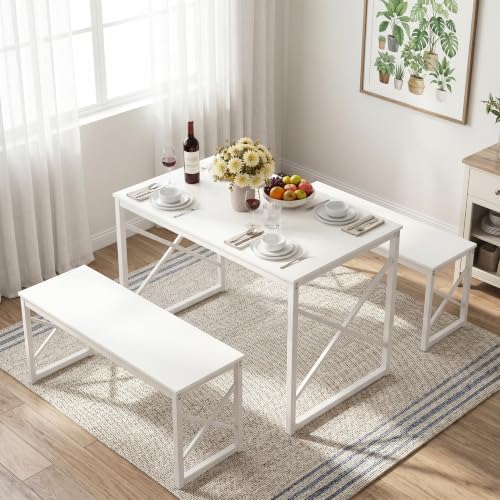 VECELO 43.3" Kitchen Dining Table Set for 4, Heavy-Duty Steel Frame &amp...