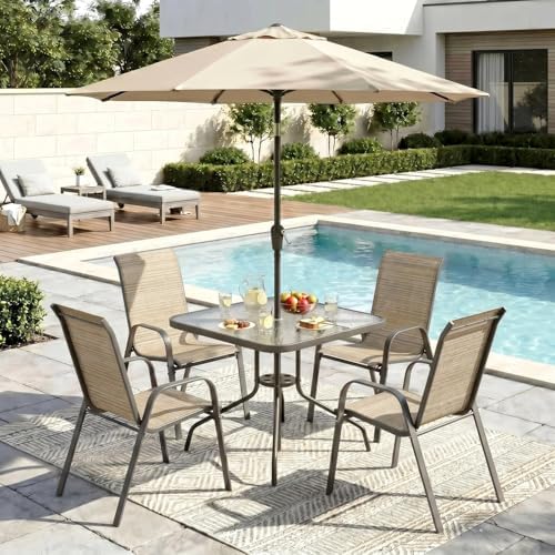 Arlopu 5 Pieces Outdoor Patio Dining Set, Glass Table and Textilene Chair