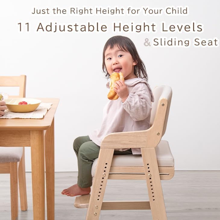 タンスのゲン TANSU NO GEN Japanese Wooden Chair, Height Adjustment for Babies and Toddlers Aged 4-12, up to 99.2 lbs, Designed in Japan, Slide The seat, White,4960040102(113287)
