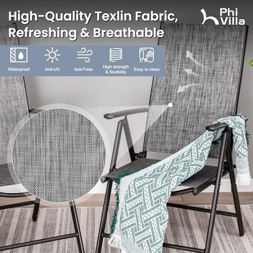PHI VILLA Outdoor Dining Set for 4 w/Beige Umbrella & Folding Chairs
