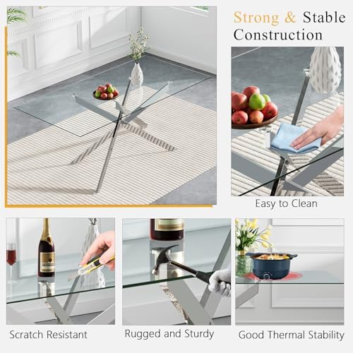 7 Piece Modern Glass Dining Table Set for 6, 60" Rectanguler Glass Kitch...