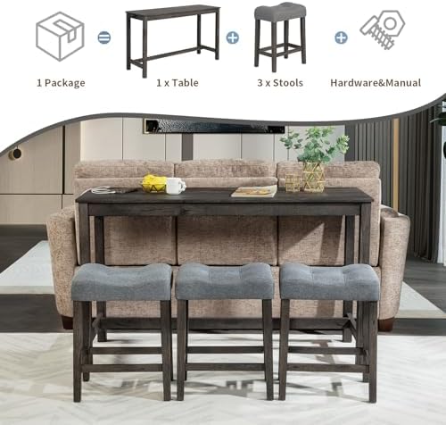 59" Counter Height Bar Table Set with Power Outlet, Industrial Breakfast...