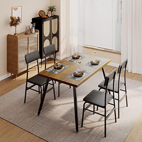 Gizoon 5 Piece Dining Table Set for 4, Modern Metal & Wood Kitchen Dinner...