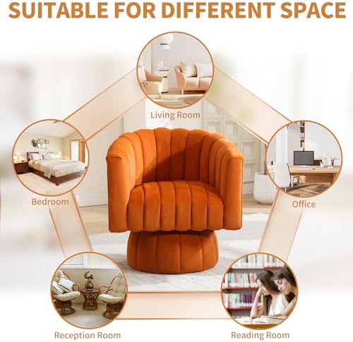 Swivel Accent Barrel Chair, Cute Comfy Small Round 360° Arm Chair, Velvet Sofa Club Reading Chair for Living Room, Bedroom, Office, Orange