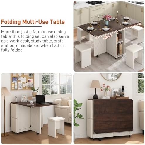 5 PCS Farmhouse Dining Table Set for 4,60" Large Folding Dining Table Se...