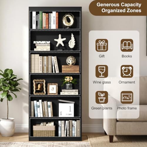Shintenchi 6-Tier Bookshelf, Tall Bookcase & Display Storage Shelves, Black