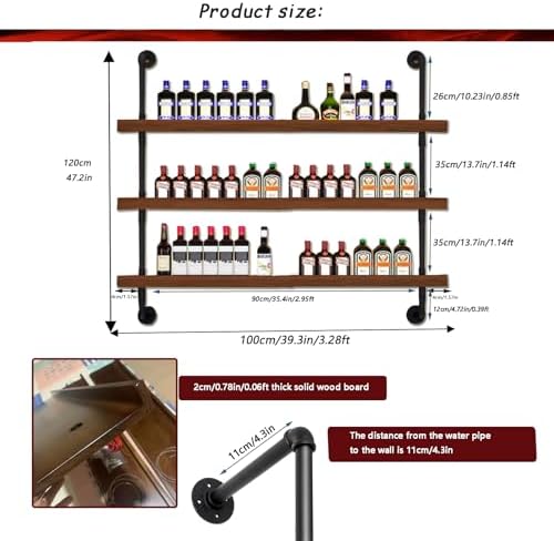 31.4in Wall Mounted Wine Rack with LED Light Solid Wood | 3-Tiers Liquor Bott...